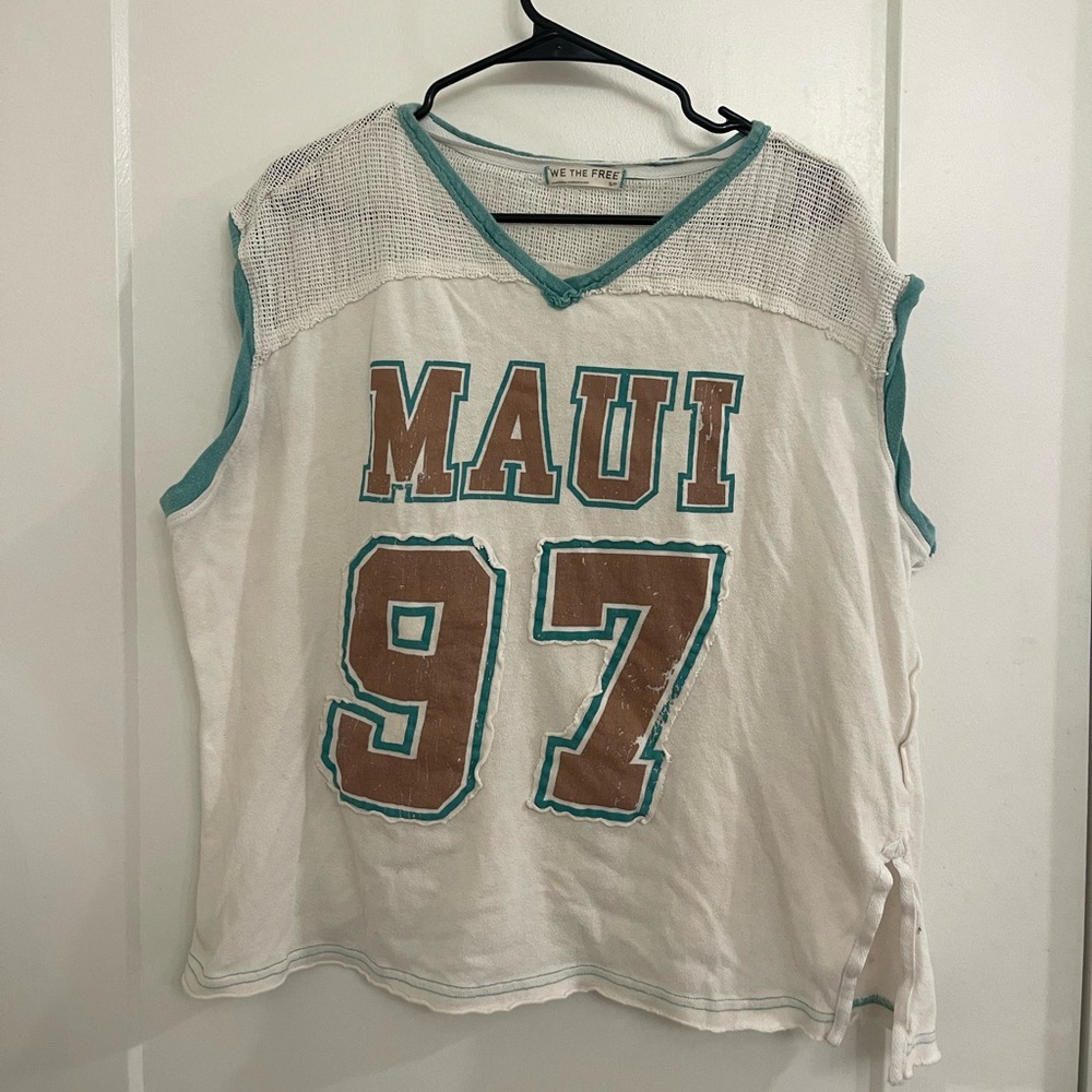 We The Free Jersey Activewear Sporty White Muscle Tee Tank with Teal Trim